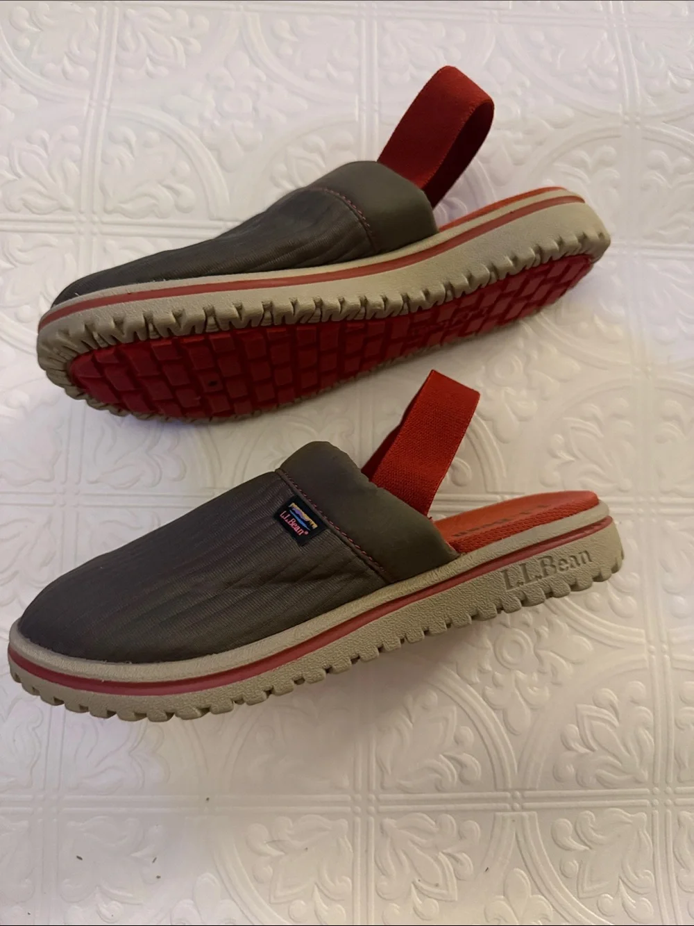 L.L. Bean Olive Quilted Slip-On Slides with Orange Footbed